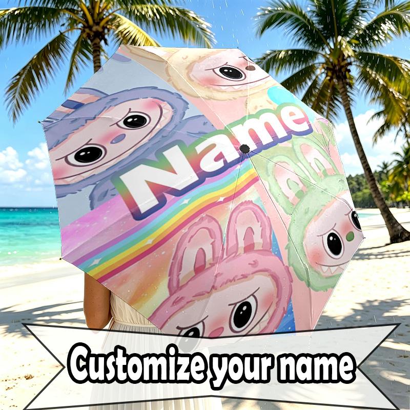 Custom Name Personalized Labubu Print Umbrella, Auto Open Close, 8‑Rib Sturdy Frame, Commute Camping Hiking Use, Birthday Gift