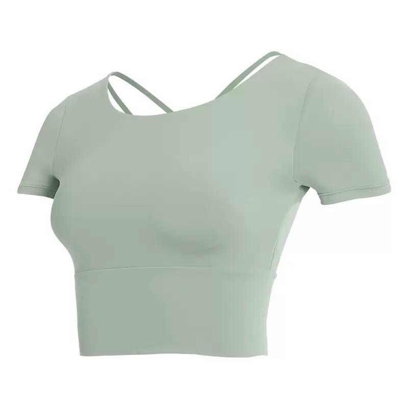 Women's Short Sleeve Yoga Crop Top with Chest Pads - Tight Fit Running and Fitness Vest