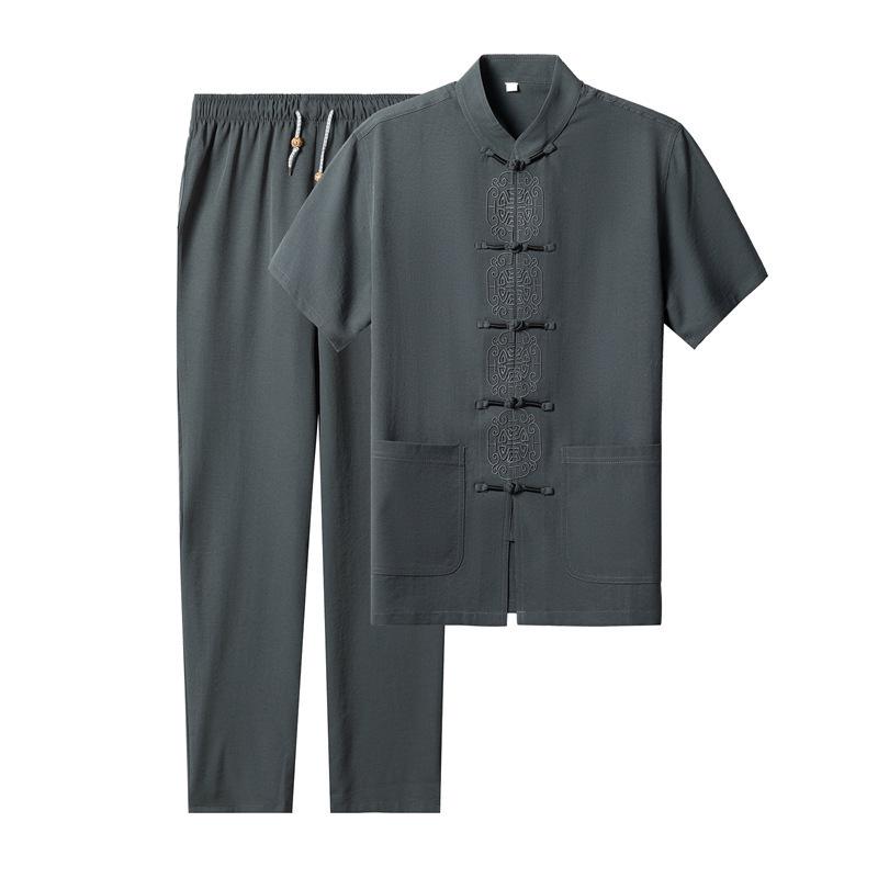 Men's 2022 Summer Short Sleeve Tang Suit: Cotton Linen Two-Piece Set for Middle-Aged and Elderly Casual Wear
