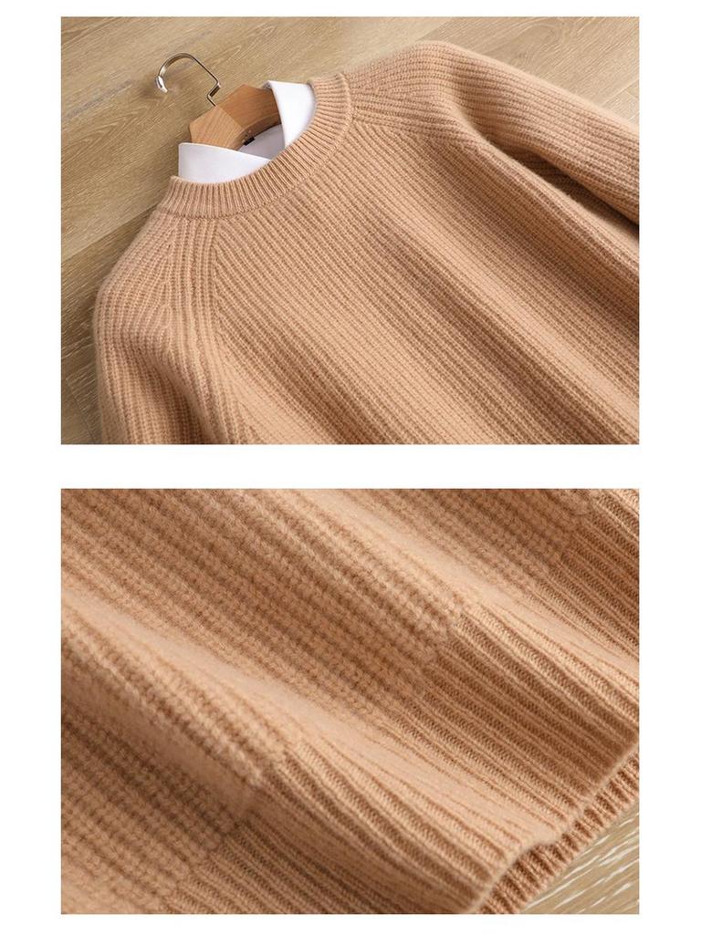 Men's Plus Size Crew Neck Wool Sweater - Autumn/Winter, Fine Stripe Raglan Sleeve, Loose Fit