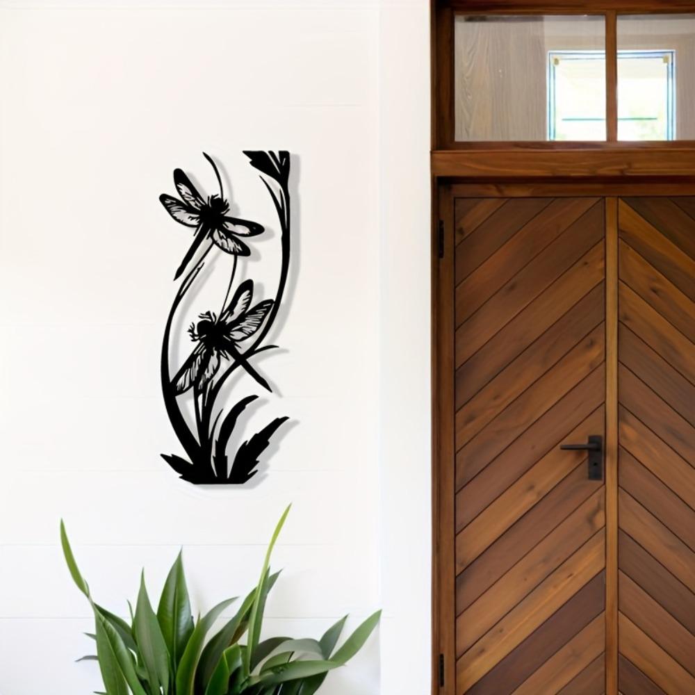 1pc 2D Flat Black Metal Wall Art Dragonfly on Flower Stem Durable Iron Sign Outdoor Indoor Garden Decor Living Room Patio Spring
