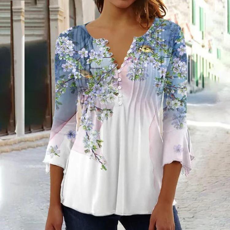 Spring Floral Print Women Plus Size Long Sleeve V Neck Loose Casual Blouse Button Top Tee Shirt