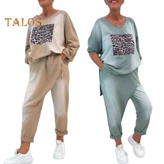 2 Teile/satz Damen Top Hosen Set Rundhals Leopardenmuster Lange Ärmel Schlitz Saum Sweatshirt Elastische Taille Jogginghose Sport Outfit Herbst Lässiger Trainingsanzug