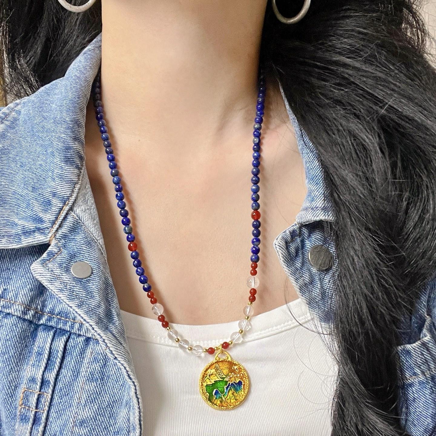 

Vintage Natural Lapis Lazuli Chalcedony White Crystal Design Sweater Chain Necklace Collarbone Chain