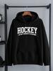 Men's Hockey-Themed Hooded Sweatshirt - Winter Warm Loose-Fit Pullover with Hockey Stick & Puck Print Hockey Lettering Casual Stre