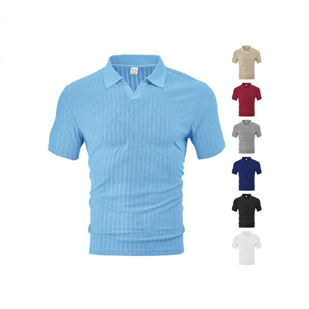 Europäische und amerikanische Herrenbekleidung Sommer TK neu lässiges atmungsaktives Frottee-Jacquard-Hemd mit Kragen, gestreift, kurzärmelig für Herren