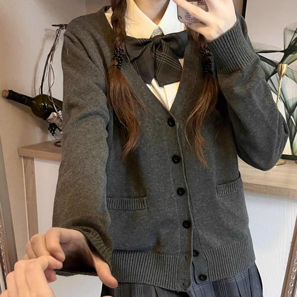 Japanese College Style V-Neck Cardigan for Women - Autumn/Winter School Uniform Sweater