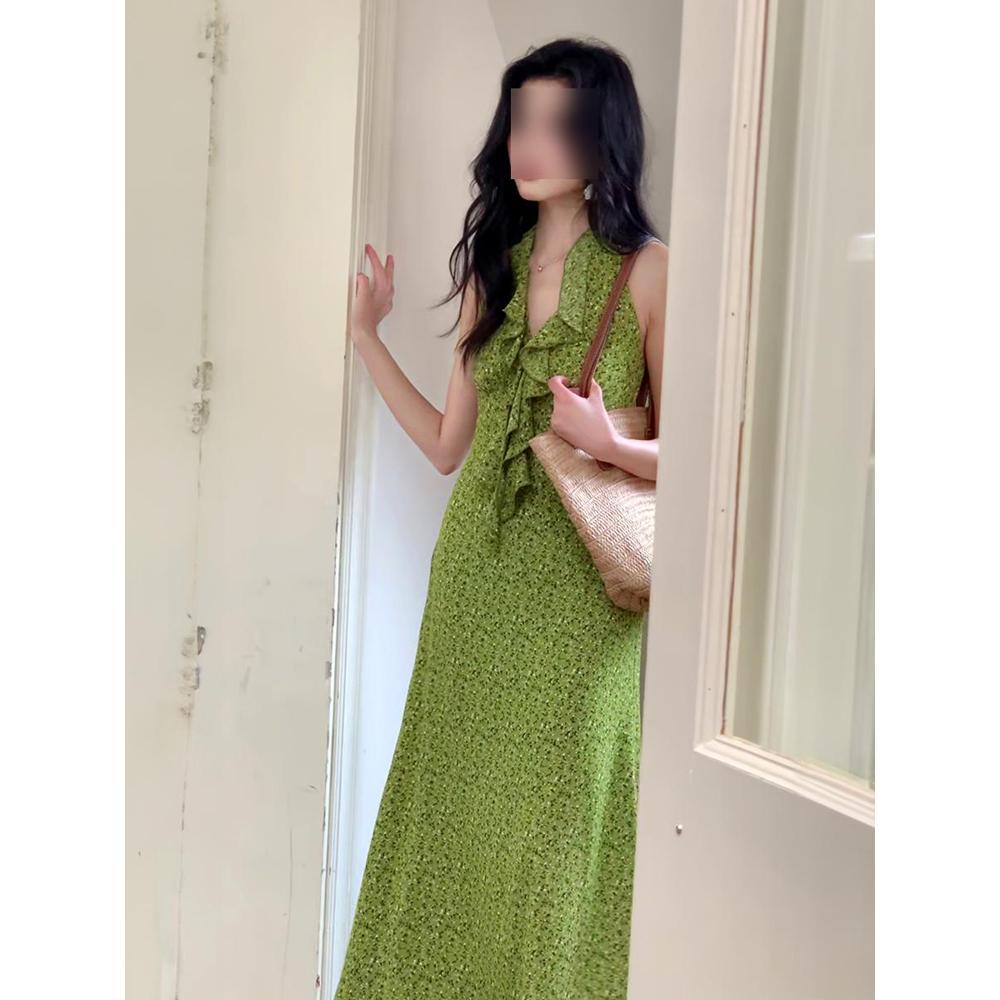 Gentle temperament waist-wrapped hip-split long dress French green v-neck ruffle edge floral neck dress