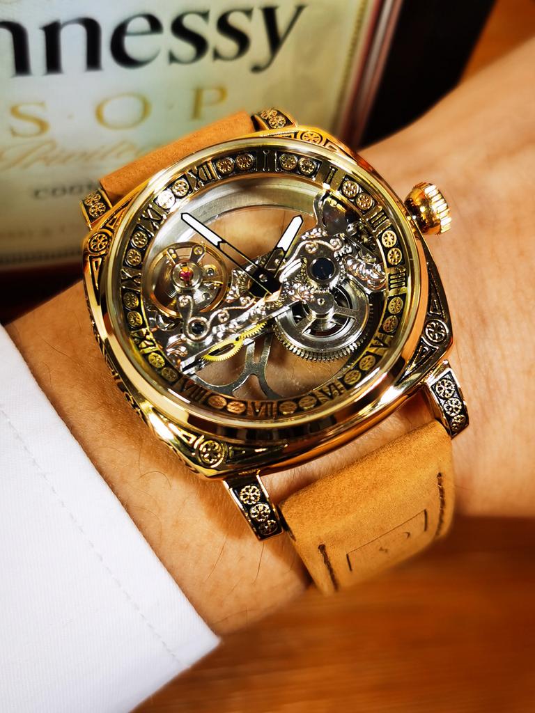 Forsining Royal Golden Bridge Skeleton Automatic Mechanical Watch for Men Luminous Hands Retro Engraved Luxury Mens Watches