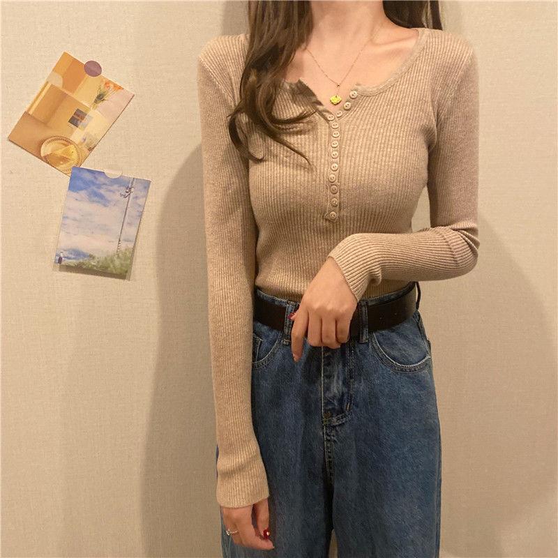 

Весенний тонкий свитер, приталенный однотонный вязаный топ с V-образным вырезом, универсальный трикотаж XL бежевый