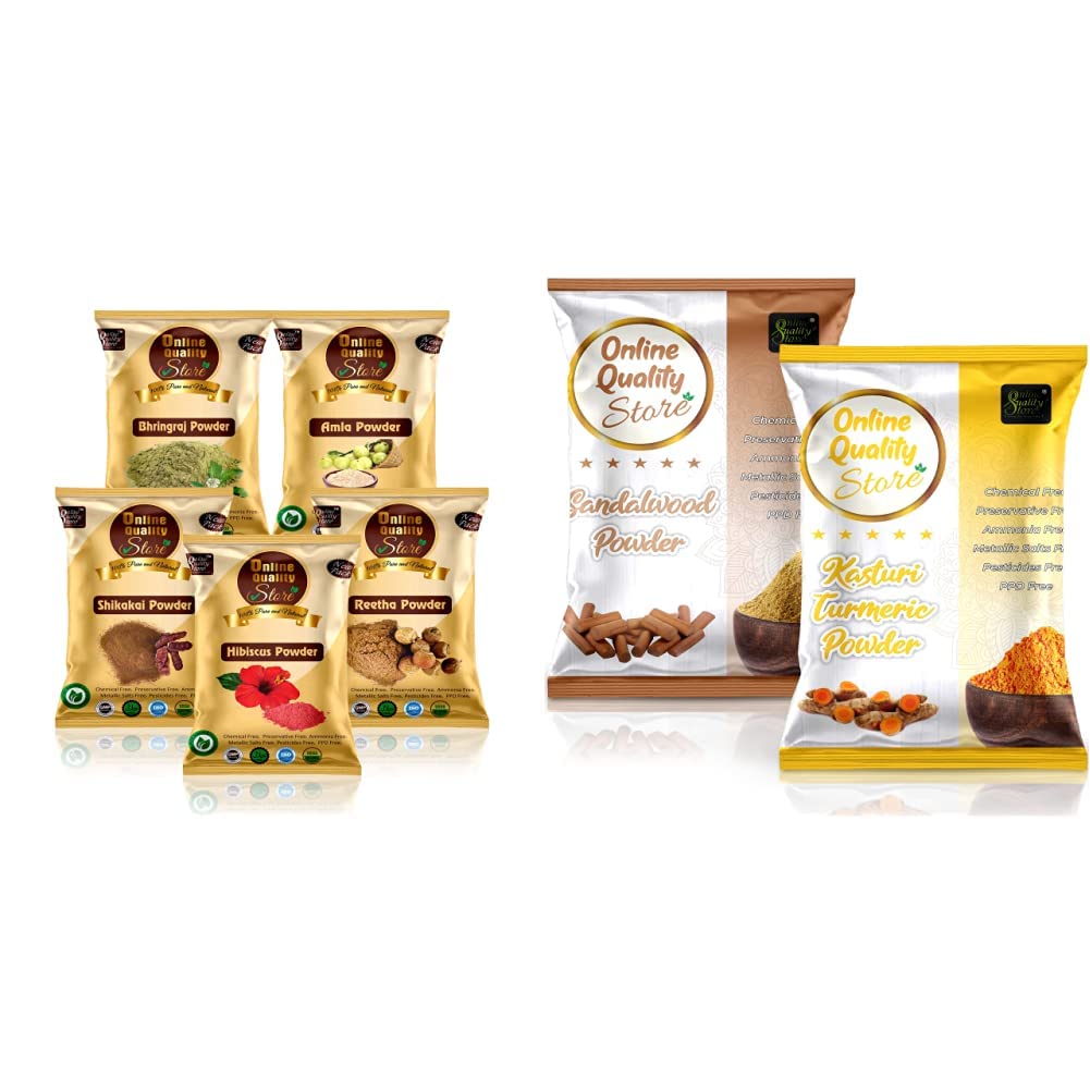 Online Quality Store Amla Reetha Shikakai, Bhringraj & Hibiscus Powder For Hair, 200G & Kasturi Turmeric Powder For Face, 100G + Sandalwood Powder