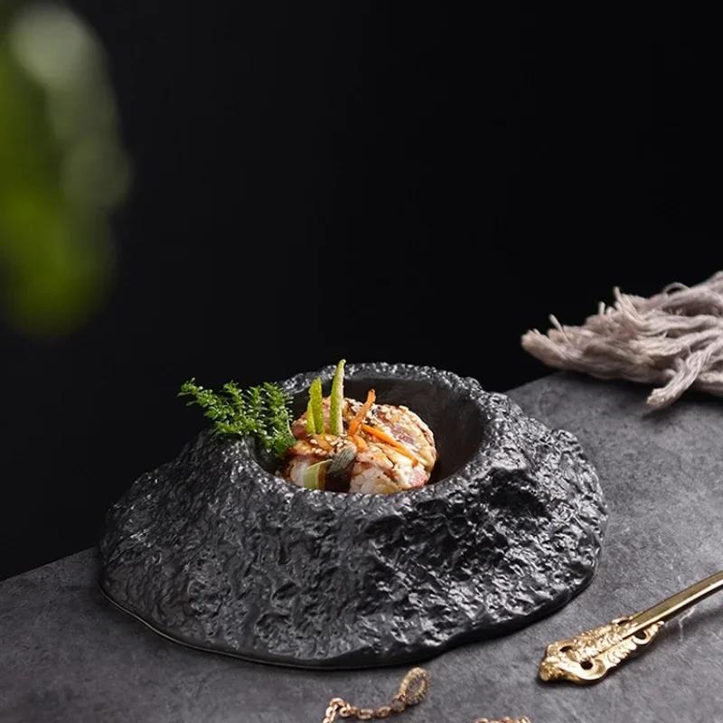 Volcano-shaped Black Deep Plate Creative Irregular Ceramic Tableware In Restaurant French Special-shaped Soup Plate Swing Plate