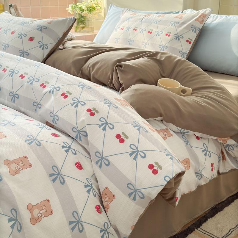 Class A Fresh Four-Piece Set: Washed Cotton Bed Sheet & Duvet Cover with Double Layer Gauze - Home Bedding Collection
