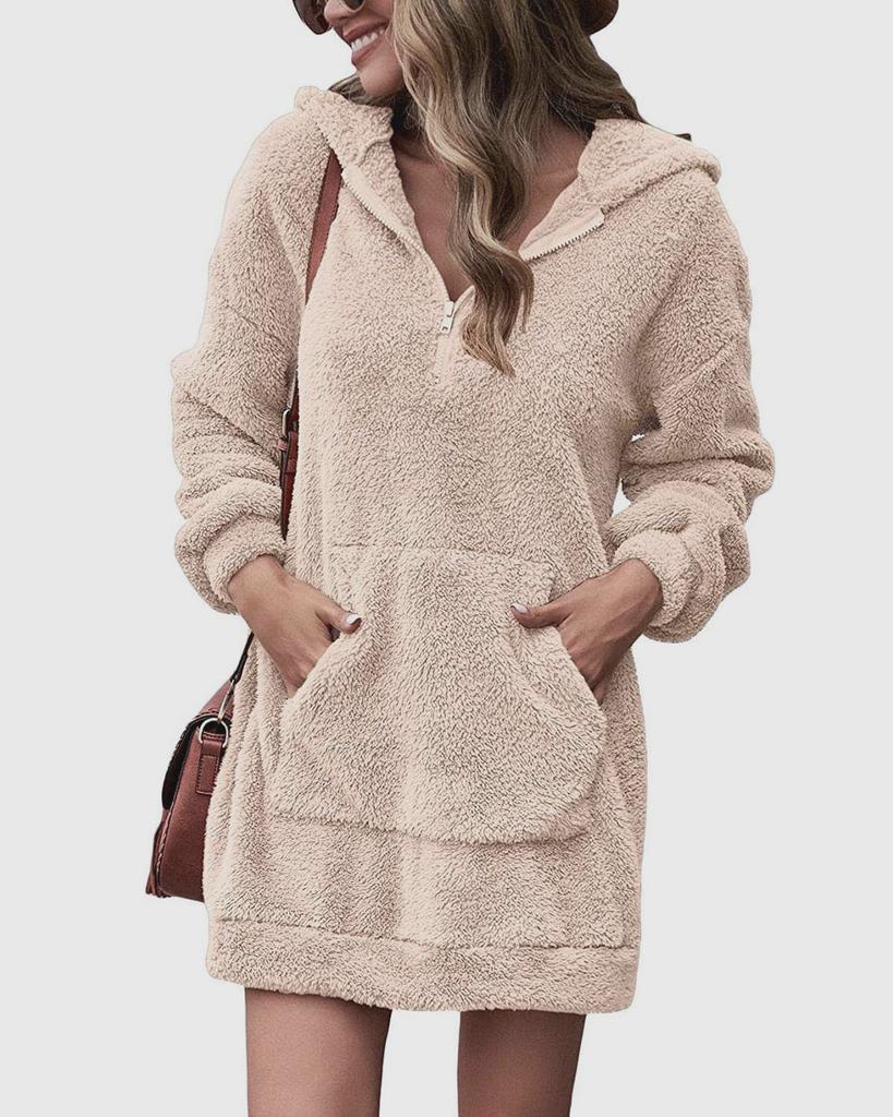 Damen Samt Kapuzenmantel Doppelseitig Plüschtaschen Locker Winter Warm Pulloverjacke Herbst Winter Kleidung