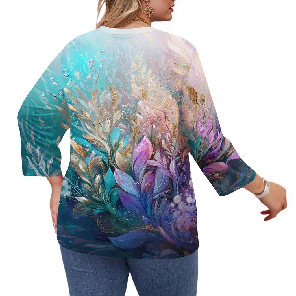 Women's Print Round Neck Plus Size Tops 3/4 Sleeves Elegant Shirt Tops