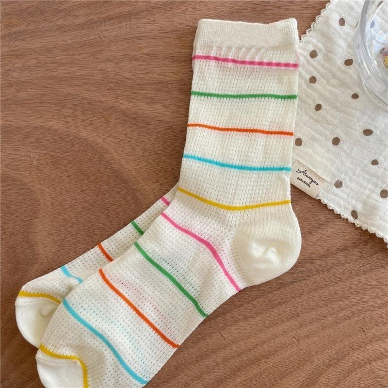 Girls Colorful Polka Dot Striped Socks Kids Mid Calf Socks Ins Trendy Pure Cotton Summer Thin Mesh Breathable Long Spring Summer