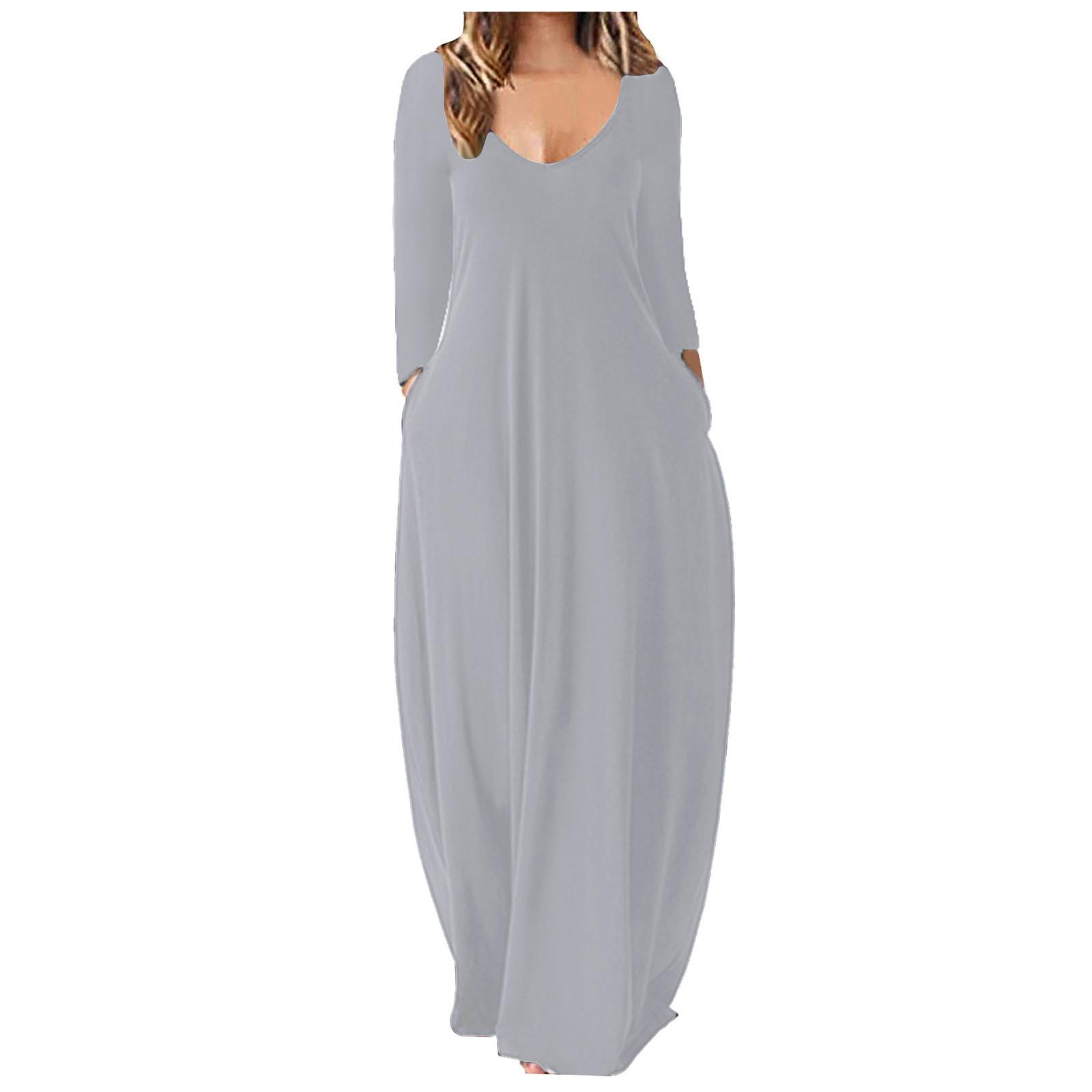 

Женское повседневное свободное однотонное длинное платье сексуальное платье с глубоким V-образным вырезом и длинным рукавом XXL