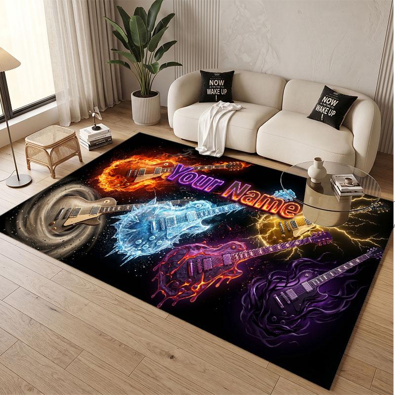Music Guitar Theme Soft Crystal Velvet Rug Custom Name & Text Print Non Slip Floor Rug for Bedroom Living Room