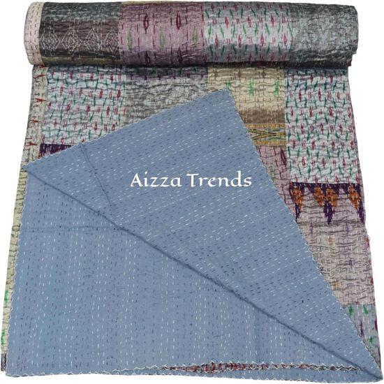 Aizza Trends Cuvertură Kantha din bumbac pur lucrată manual - Pătură decorativă tradițională indiană-Cuvertură vintage din sari de mătase de bumbac
