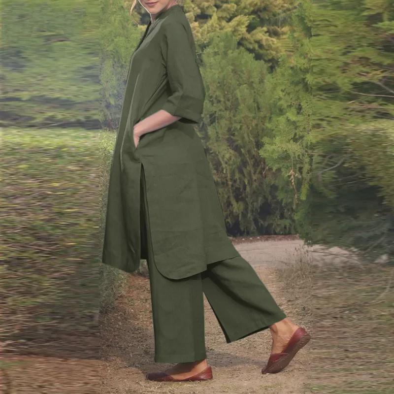 Fashionable Cotton Linen Long Sleeve Casual Drawstring Pants Set