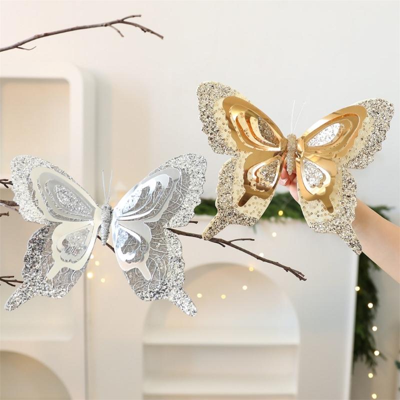 Shatterproof Sequins Butterfly Decorations For Christmas Tree 25Cm Glittering Wing Indoor Outdoor Festival Party Supplies