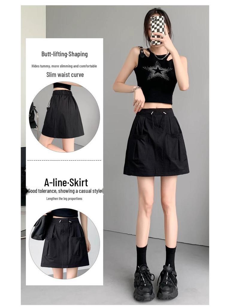 Gray Women's A-Line Midi Skirt with Elastic Drawstring Waist - Summer 2025 Anti-Exposure Workwear Style