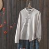 3173 Women's Artistic Retro Solid Color Stand-Up Collar Shirt with Chinese Frog Button, Long Sleeve, Cool & Aloof Style