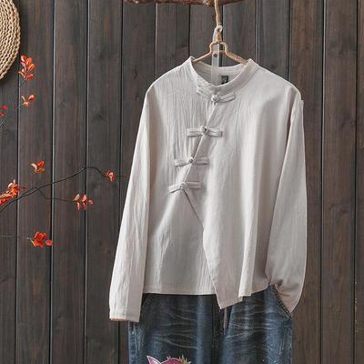 3173 Women's Artistic Retro Solid Color Stand-Up Collar Shirt with Chinese Frog Button, Long Sleeve, Cool & Aloof Style