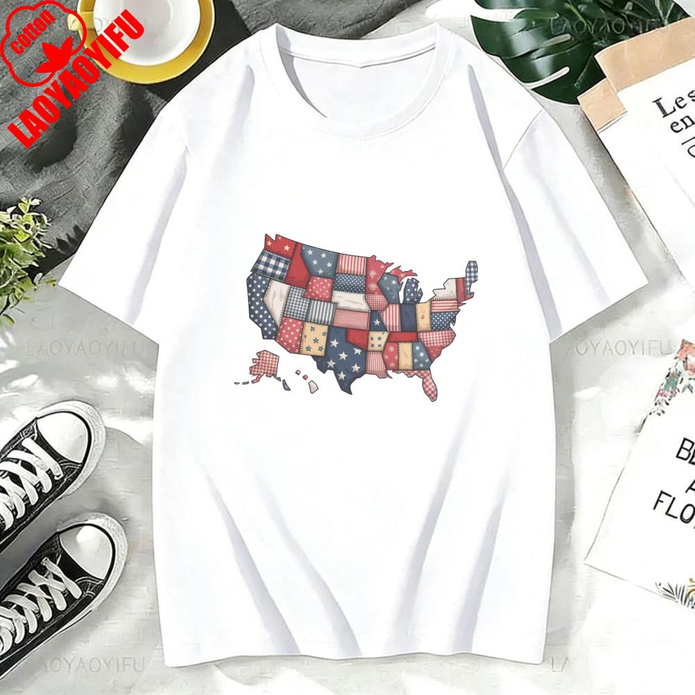 USA 250th Anniversary Shirt Semiquincentennial 2026 Patchwork Map Patriotic Tee High Quality Cotton Women Clothes