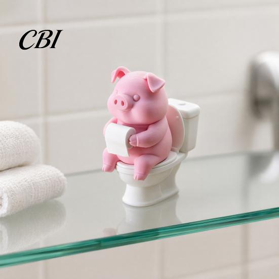 Detailed 3D Printed Model Cute Pig On Toilet Figurine, Funny Bathroom Desk Decor with Paper Decoration Roll, Humorous Sculpture for Shelf Office