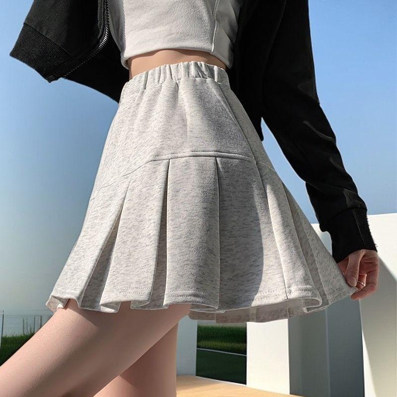 Grey Sports Skirt Pleated Skirt Thin Spring and Summer College Casual Skirt Anti-light Bottoming Skirt  Elastic Waist Pleated Anti-exposure Skort S
