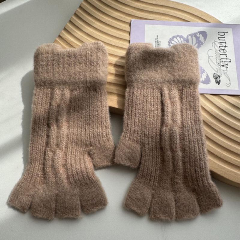 Half finger knitted wool gloves women s office student writing warm antifreeze hand leakage half finger gloves темные хаки