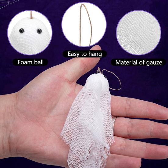 24 Pcs Halloween Ghost Decorations White Gauze Ghost Hanging Ornaments Small Hanging Ghosts Tree Ornaments for Farmhouse Haunted House Party