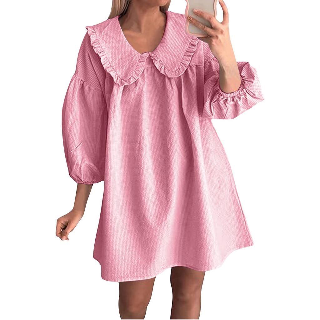 Women's Fashionable And Casual Puff Sleeve Lapel Doll Collar Loose Dress