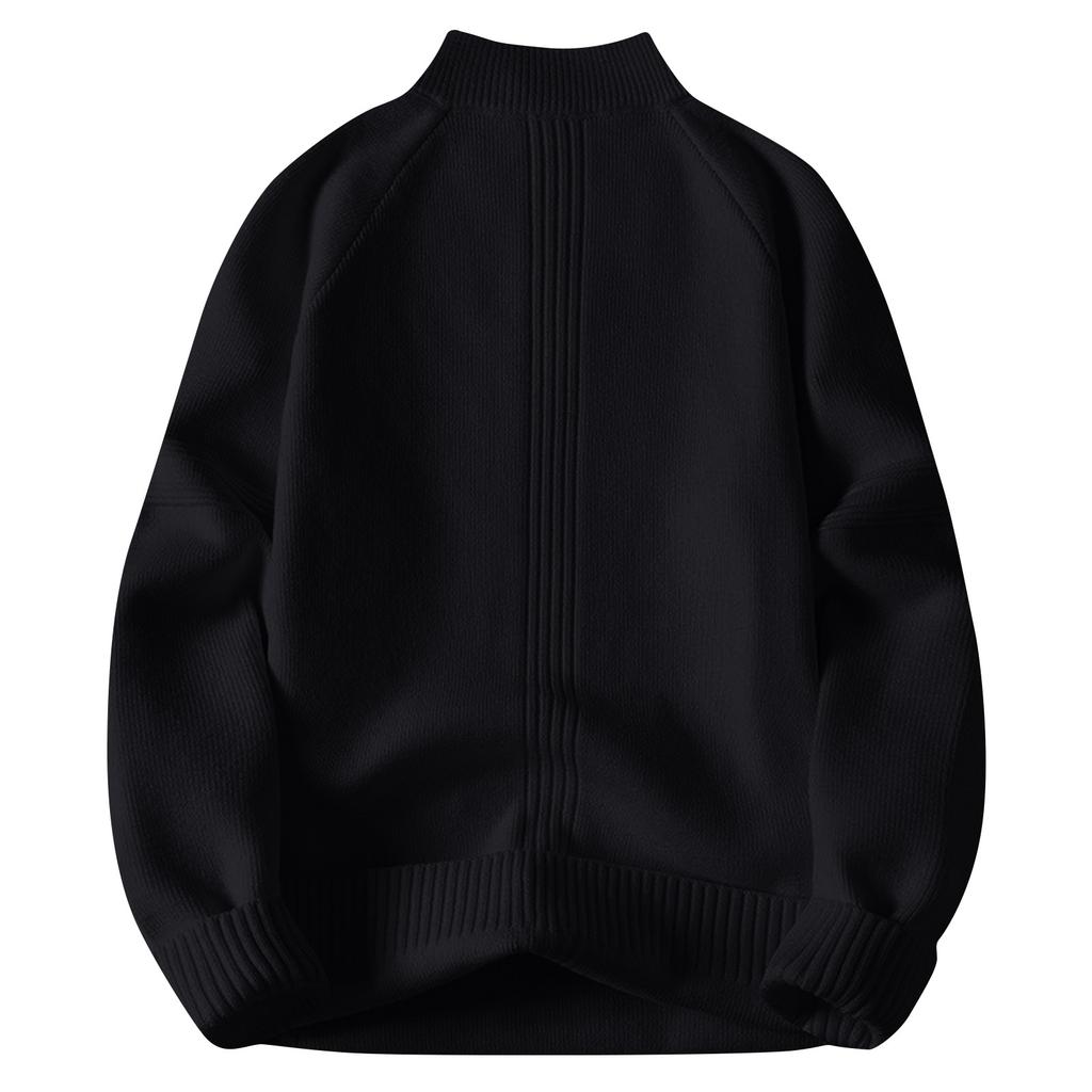 Men's Solid Color Textured Half Zipper Half Turtleneck Thickened Knitted Sweater Casual Loose Pullover Bottoming Sweater