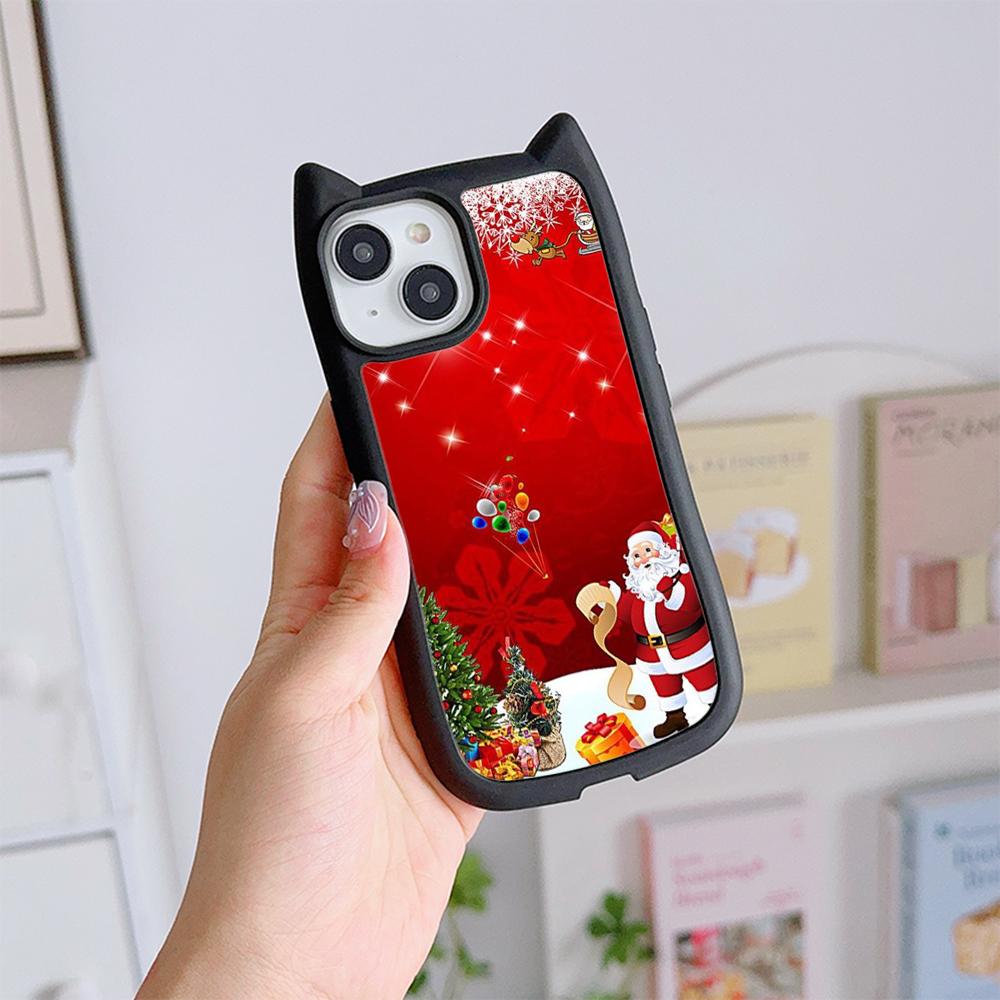 Cat Ear Soft Phone Case for iPhone 16 15 14 13 12 Pro Max Anti-Drop Transparent Acrylic Back Cover NY36 New Year Christmas Santa Claus Christmas tree