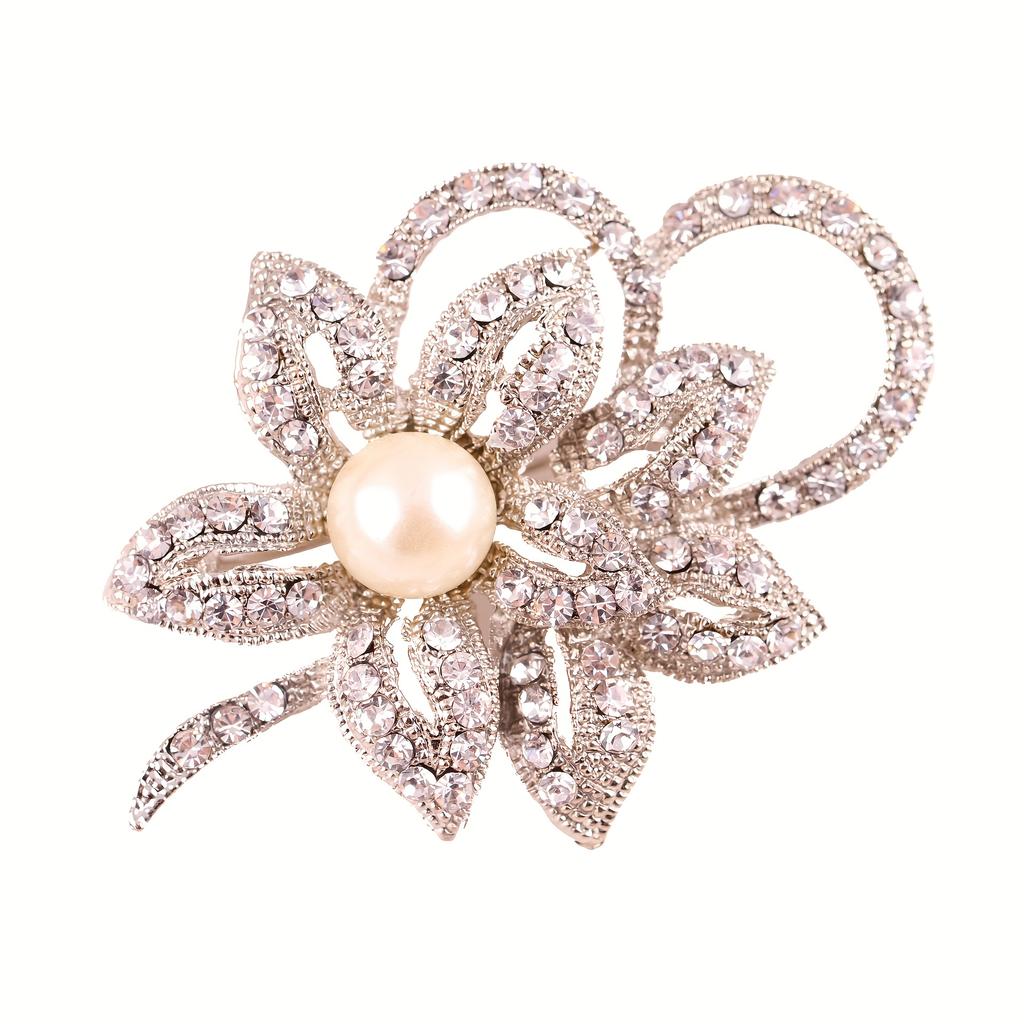 Silver Tone Double Flower Brooch Pin with Big Beads & Rhinestones, Women's Elegant Chest Decorative Button for Jacket Coat Suit