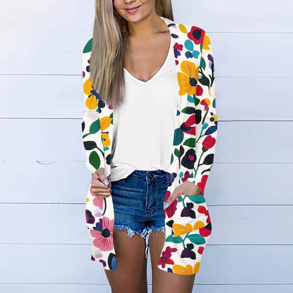 Dam Casual Mode Blommig Tryck Långärmad Mellanlång Kofta Jacka