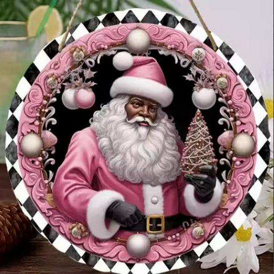 Santa Claus Christmas Wreath Wooden Hanging Sign for Wall, Door, or Window Décor