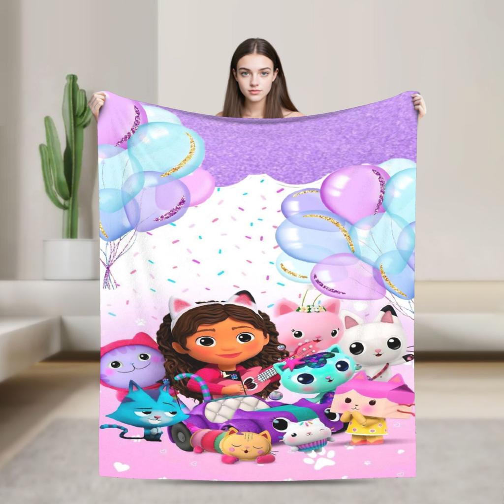Cartoon Cute Gabby Dollhous Flannel Blanket Soft Durable Bedding Throws for Bedroom Picnic Fluffy Bedspread Sofa Bed Cover