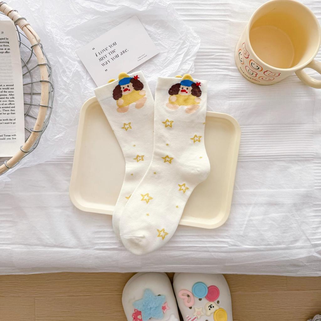 Cute Dachshund Puppy Socks Girls Season Preppy Illustration Cartoon Stripes Preppy Summer Stockings