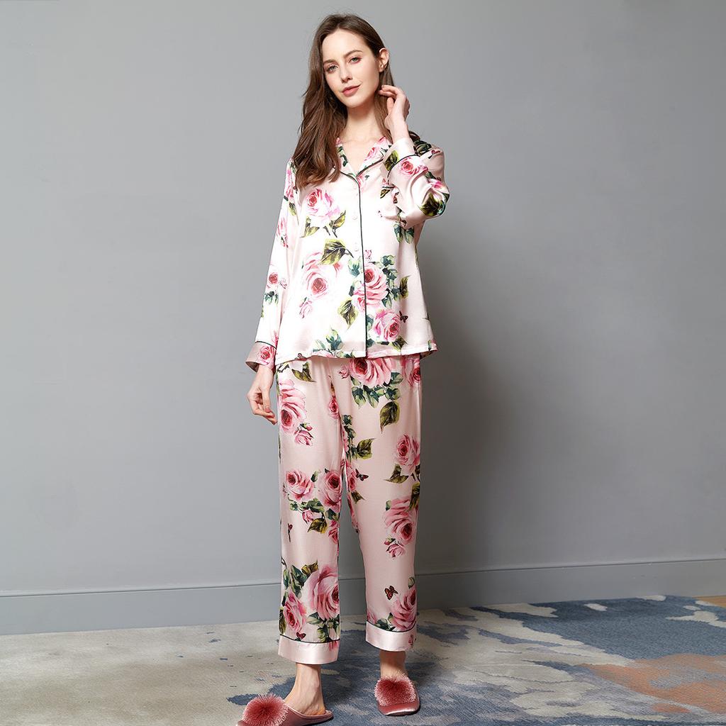 19 Momme 100% Mulberry Silk Rose Print Long Sleeve Women's Home Suit Set Pajamas