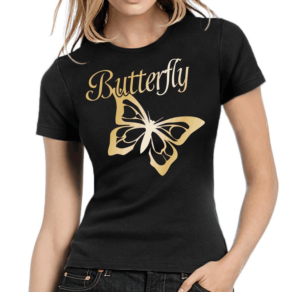 

Butterfly Stencil Art Gold Metallic Print Women Girlie T-Shirt 2XL