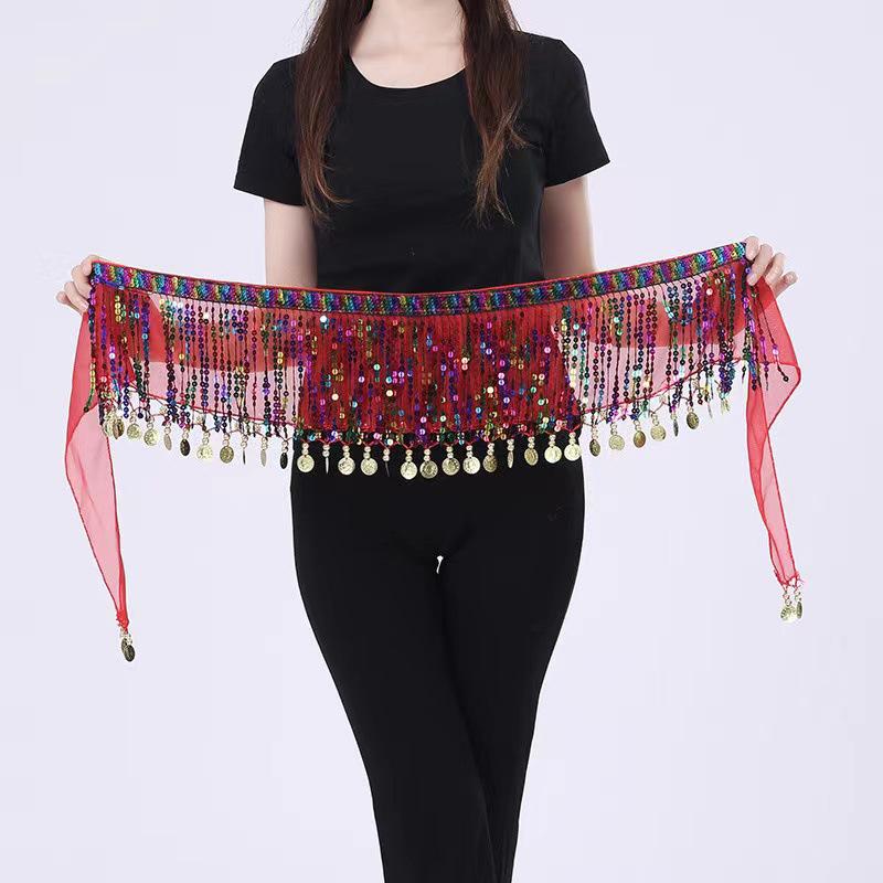 Shiny Sequins Tassel Belly Dance Hip Scarf Waist Belt Wrap Skirt For Halloween Cosplay Party Dance Costume