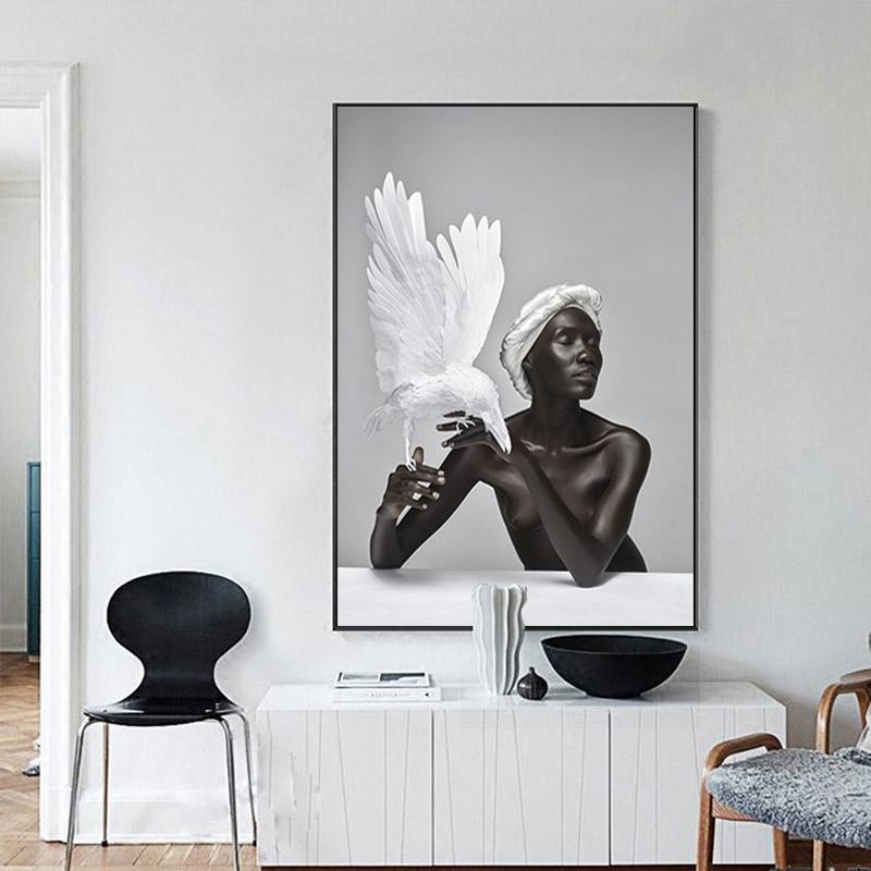 Nude African Woman Canvas Poster Feather and Black Women Oil Painting Scandinavian Decorative Picture for Living Room Wall Decor