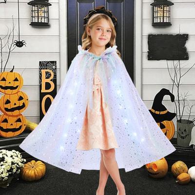Dziecięcy peleryna na Halloween z sznurkiem świetlnym LED, przezroczysta siateczka, cekiny, kaptur, marszczenie, sznurowany krawat, kostium na imprezę świąteczną w stylu księżniczki