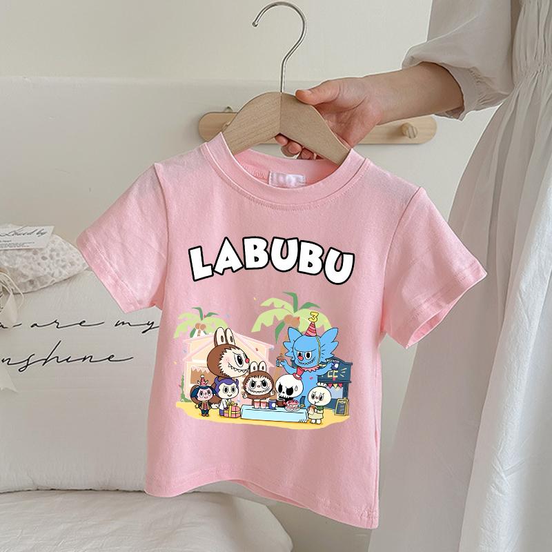 Labubu Children's Pink T-shirt Cartoon Anime Summer Short Sleeved Girl Fashion Cute Top