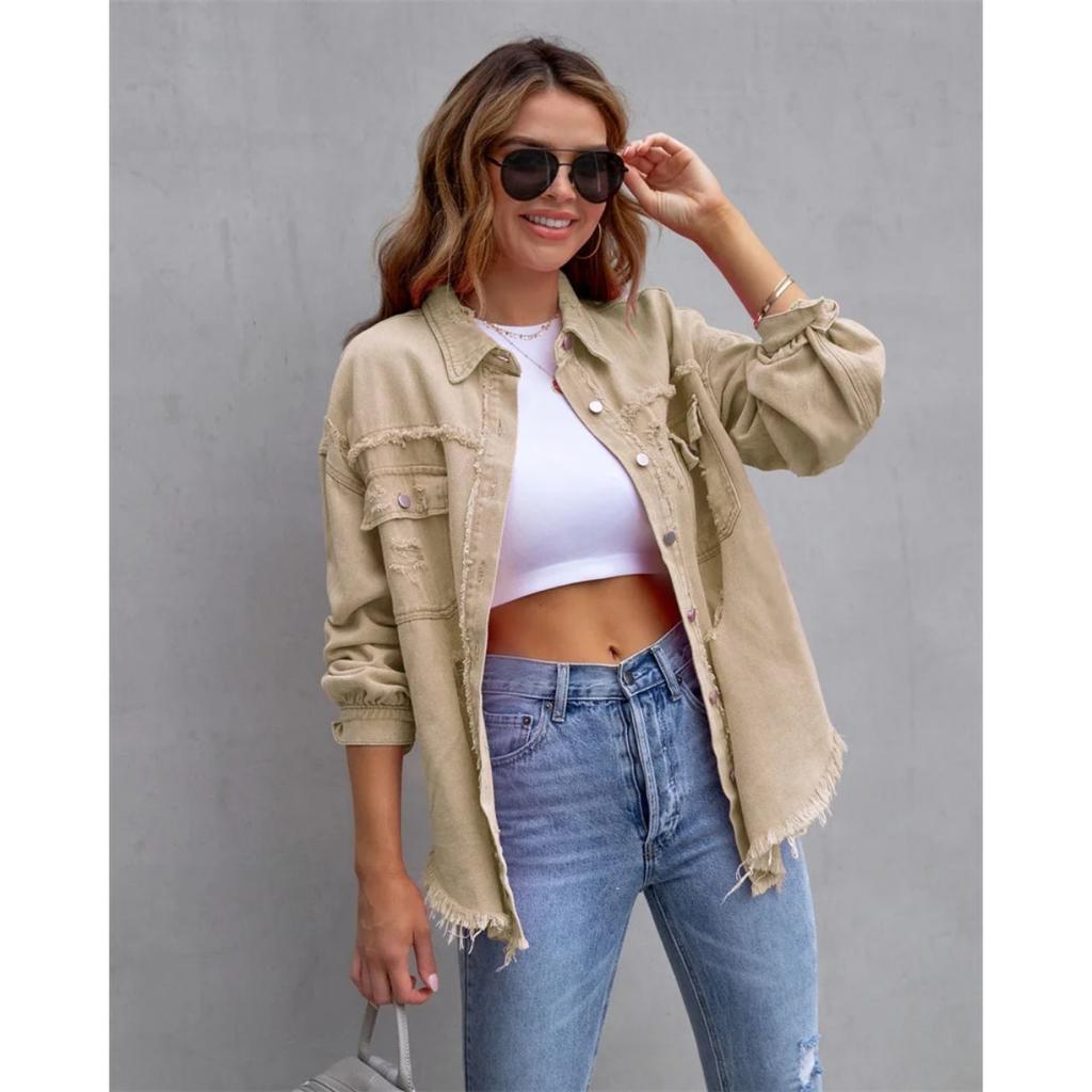 VAYLA Holes Raw-edges Denim Jacket Women Spring Autumn Shirt Style Jeancoat Casual Top Rose-Red Orange Purple Outerwear Lady Coat