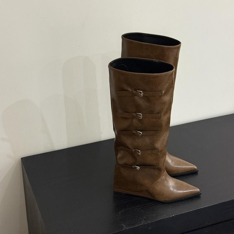 Vintage Spice Girls Knight Boots Wedge Heel Pants Boots Belt Buckle Boots 2025 Autumn and Winter Pointed Height Increasing Western Cowboy Boots