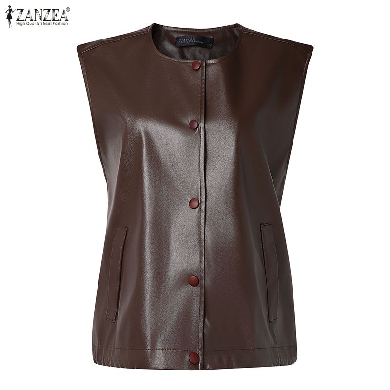ZANZEA Women Round Neck Sleeveless Faux PU Leather Casual Waistcoat Vest Coats